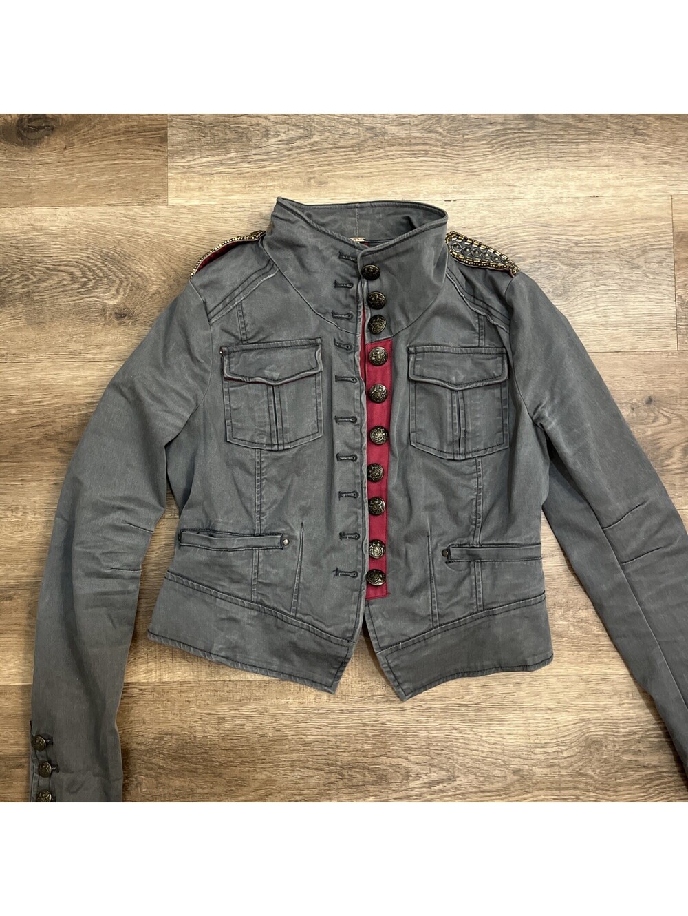 Free People Women's Gray Military Jacket Studded Button Front Pockets Size S